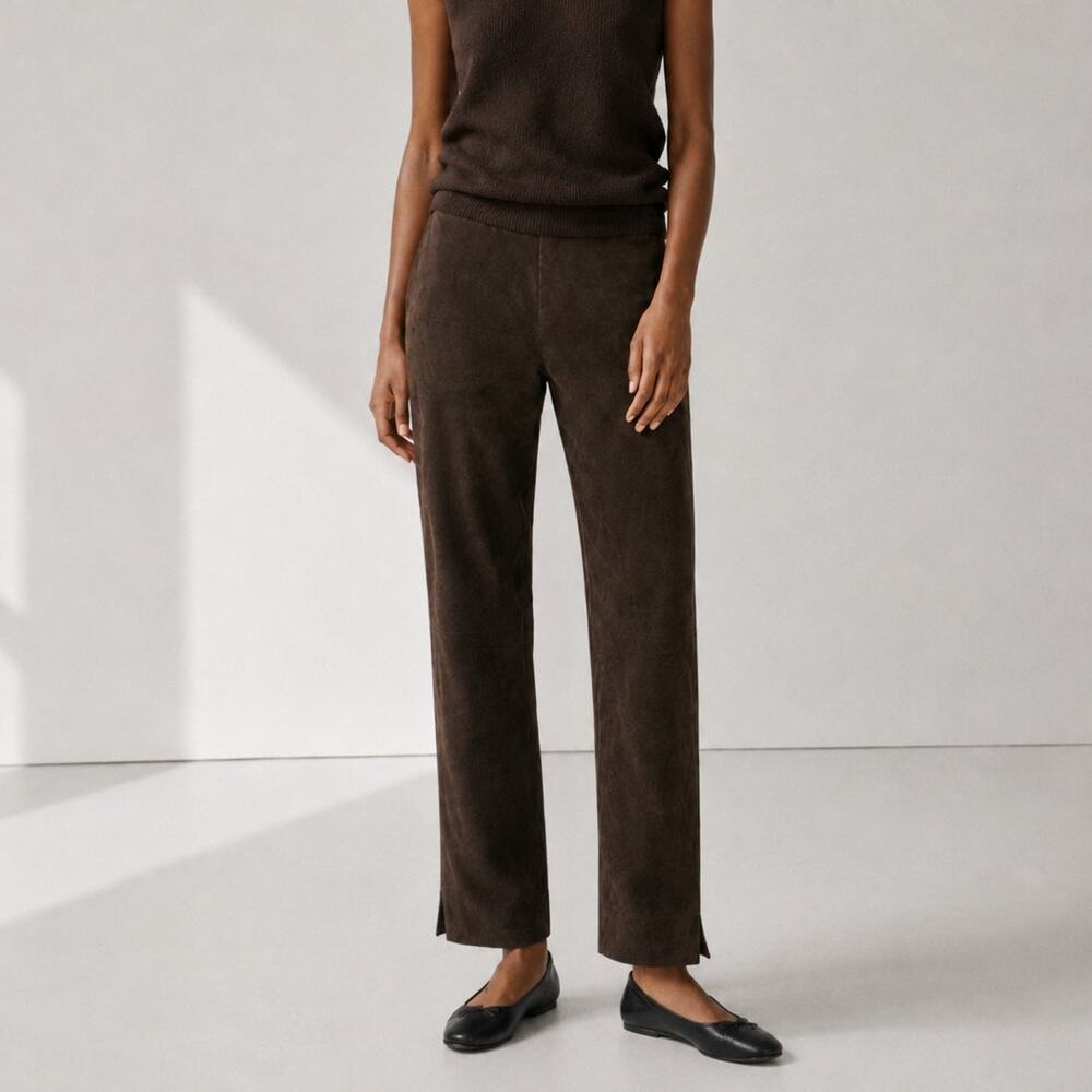 Vince Lamb Leather Suede Split-Hem Mid-Rise Pants Womens L Brown Straight Ankle